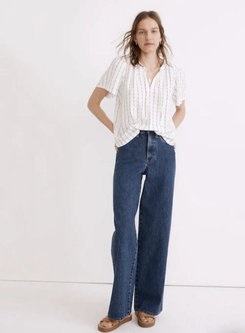 Madewell Shirt Small White & Black Embroidered Striped Short Sleeve Pullover